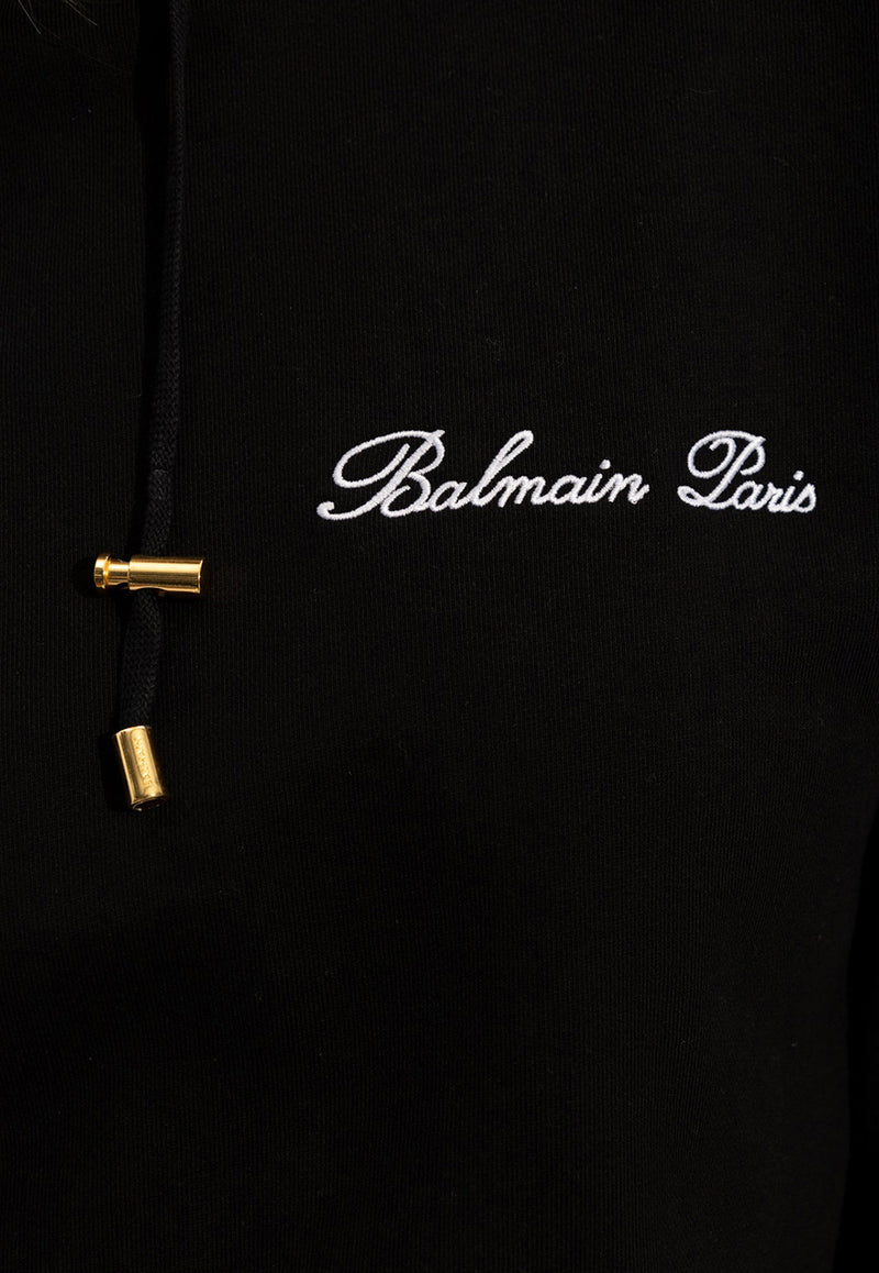 Balmain Logo-Embroidered Cropped Hooded Sweatshirt Black CF1JP040 BC68-EAB