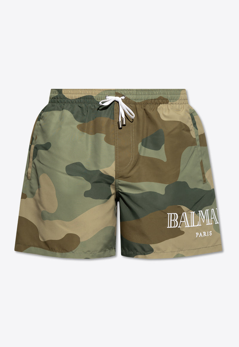 Balmain Camouflage Logo Swim Shorts Green KĄPIELOWE BWB641350 0-308