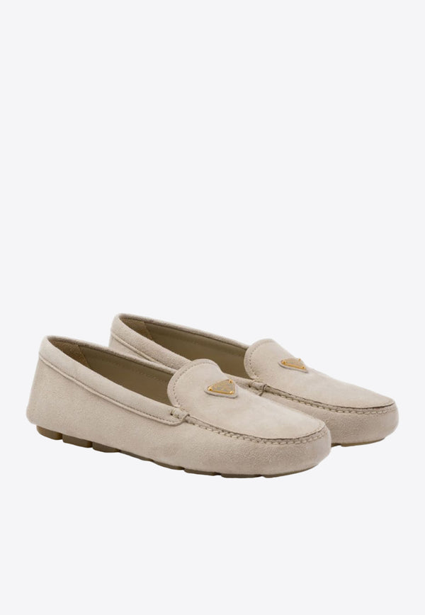 Prada Triangle Logo Suede Loafers Beige 1DD081F005008_F0D32