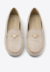 Prada Triangle Logo Suede Loafers Beige 1DD081F005008_F0D32