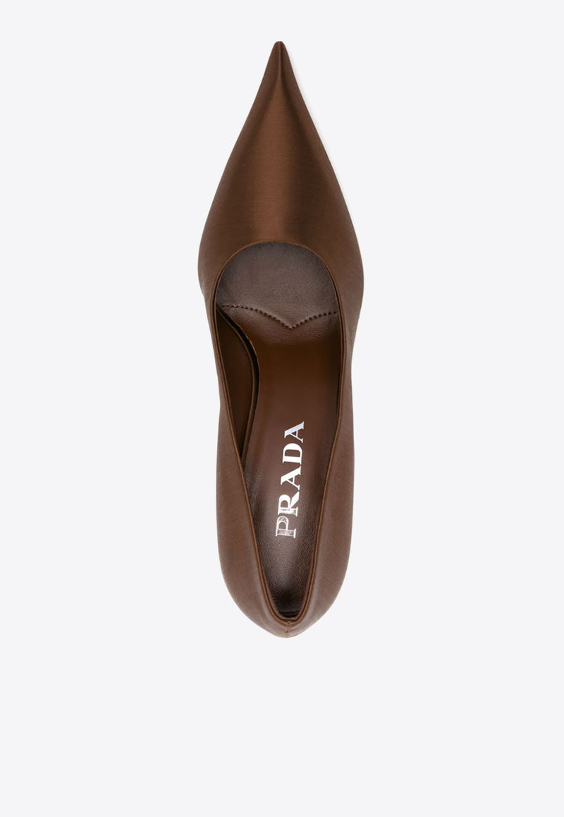 Prada 85 Pointed-Toe Satin Pumps Brown 1I484NFA085049_F0005