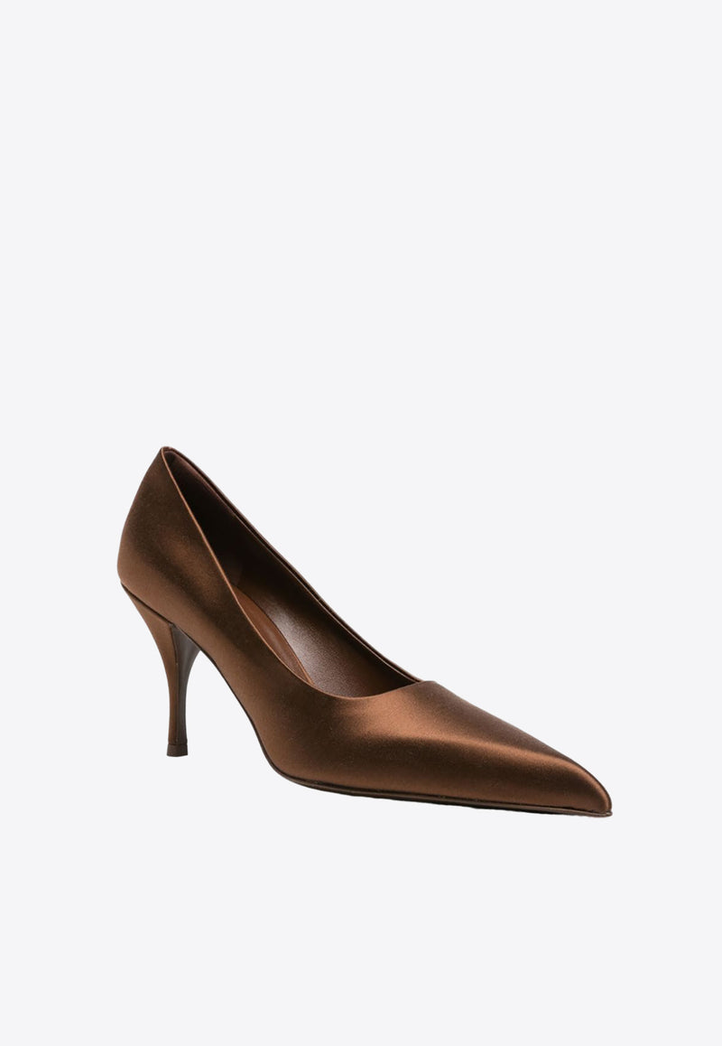 Prada 85 Pointed-Toe Satin Pumps Brown 1I484NFA085049_F0005