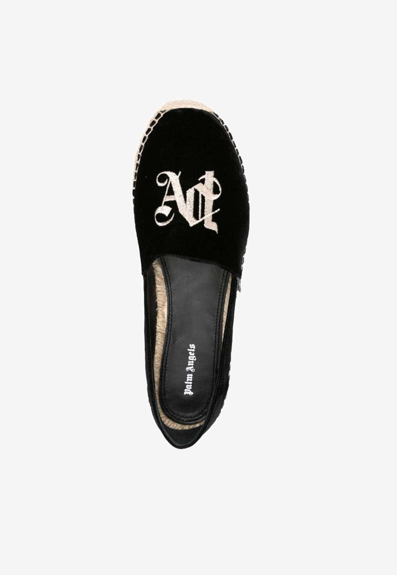 Palm Angels Logo Embroidered Velvet Espadrilles Black PWIB004R24FAB001_1000