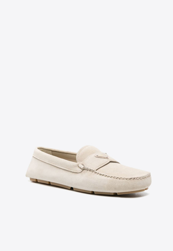 Prada Triangle Logo Suede Loafers Cream 2DD180054_F0D32