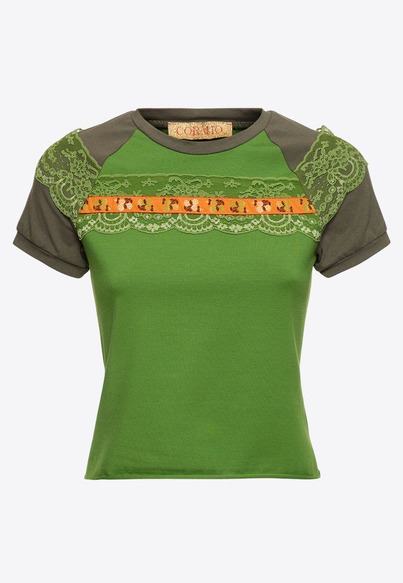 CORMIO Lace-Trimmed Cropped T-shirt Green BOAH 2.0_Green