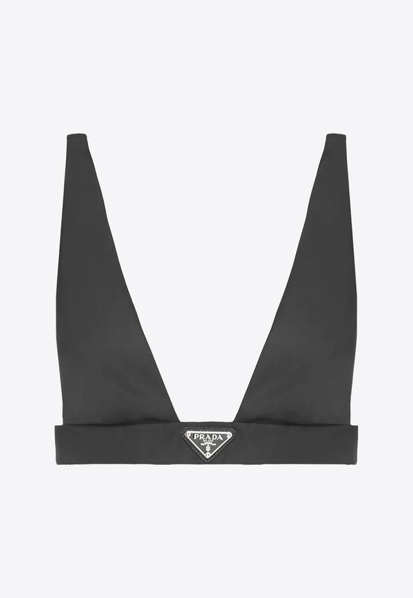 Prada V-neck Logo Plaque Bralette Top Black 240706S2121WQ8_F0002