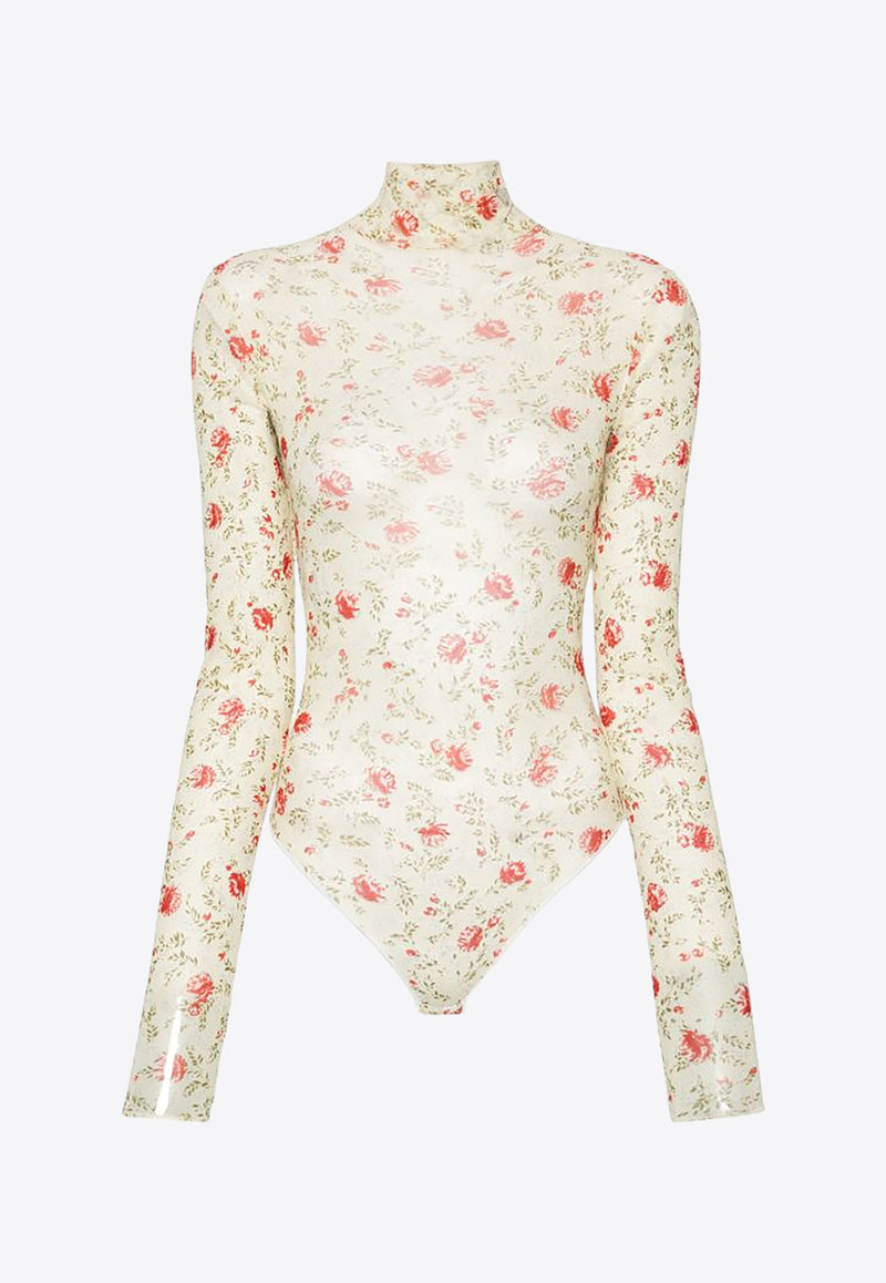 Prada Poppy Print Turtleneck Bodysuit Cream 32157SOOO14ZK_F0011