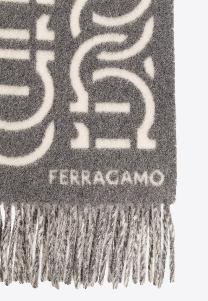 Salvatore Ferragamo Logo Pattern Wool Scarf Gray 520109 SR MAXICHAIN 770188-GREY MASCARPONE