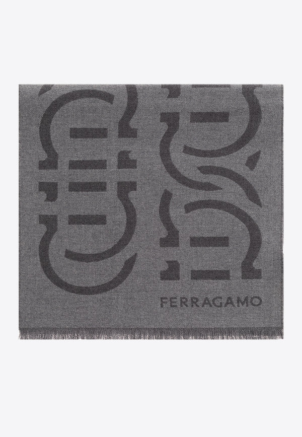 Salvatore Ferragamo Logo Pattern Wool Scarf Gray 520103 SR CHAINS 770218-GREY CHARCOAL