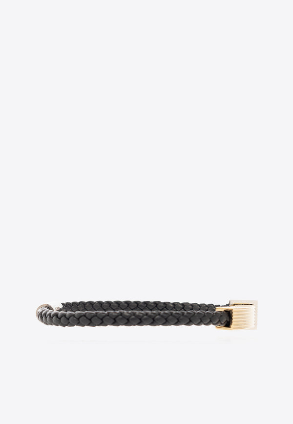 Salvatore Ferragamo Braided Leather Bracelet Black 770339 BR LIGHCUBE 771331-NERO ORO