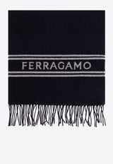 Salvatore Ferragamo Logo Wool Fringed Scarf Navy 520106 SR BANDFERR 770208-NEW NAVY WHITE