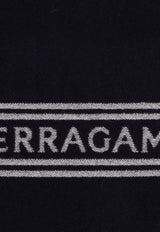 Salvatore Ferragamo Logo Wool Fringed Scarf Navy 520106 SR BANDFERR 770208-NEW NAVY WHITE