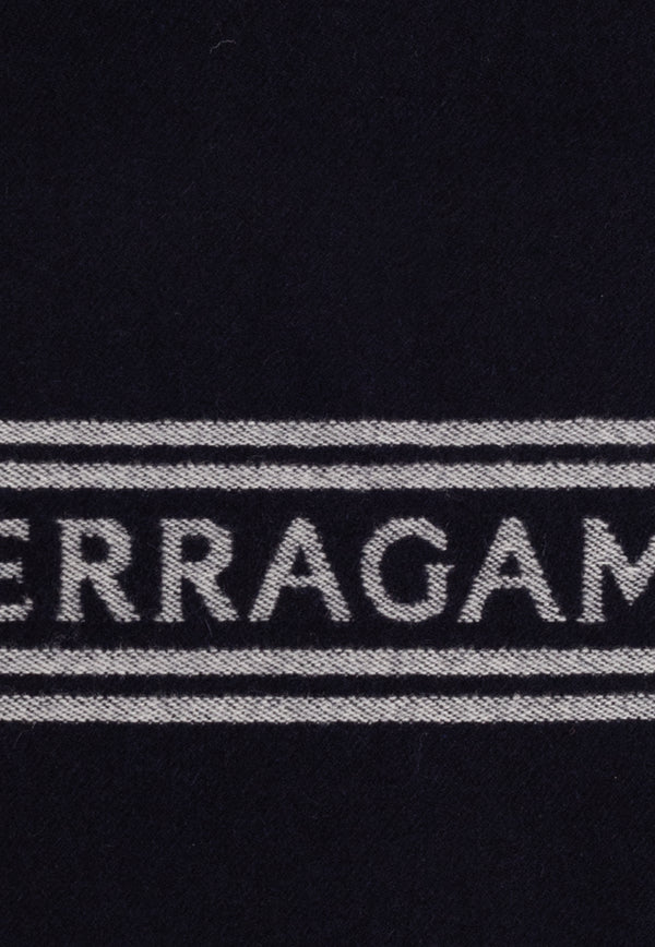 Salvatore Ferragamo Logo Wool Fringed Scarf Navy 520106 SR BANDFERR 770208-NEW NAVY WHITE