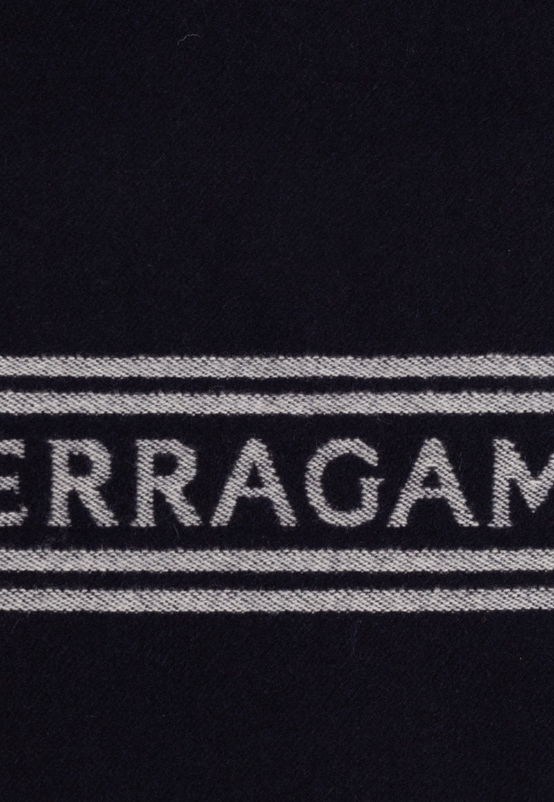 Salvatore Ferragamo Logo Wool Fringed Scarf Navy 520106 SR BANDFERR 770208-NEW NAVY WHITE