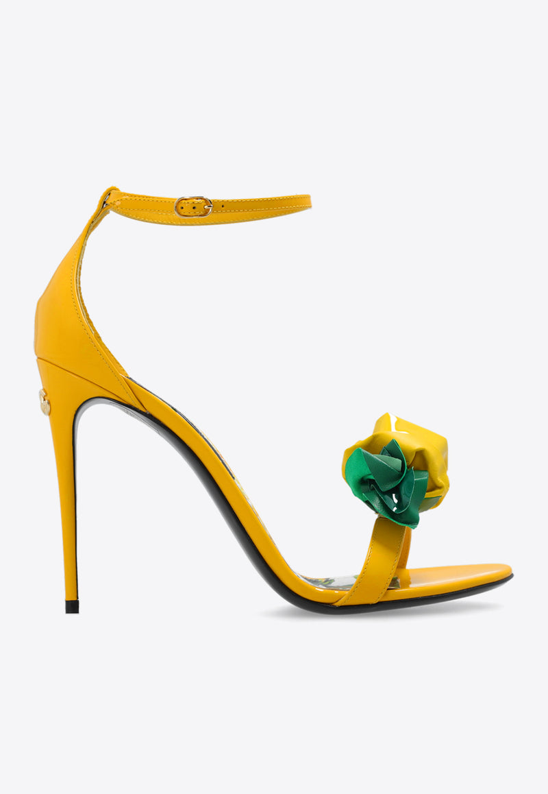 Dolce 
Gabbana Keira 105 Floral Applique Sandals in Patent Leather Yellow CR1648 AR848-8L136