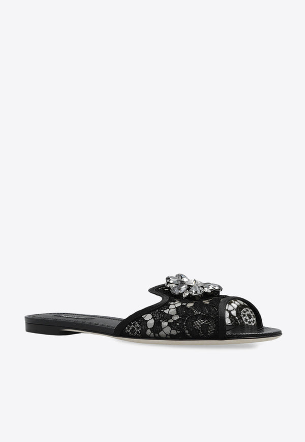 Dolce 
Gabbana Bianca Embellished Lace Flat Sandals Black CQ0023 AG667-80999