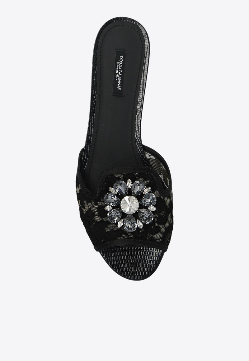 Dolce 
Gabbana Bianca Embellished Lace Flat Sandals Black CQ0023 AG667-80999