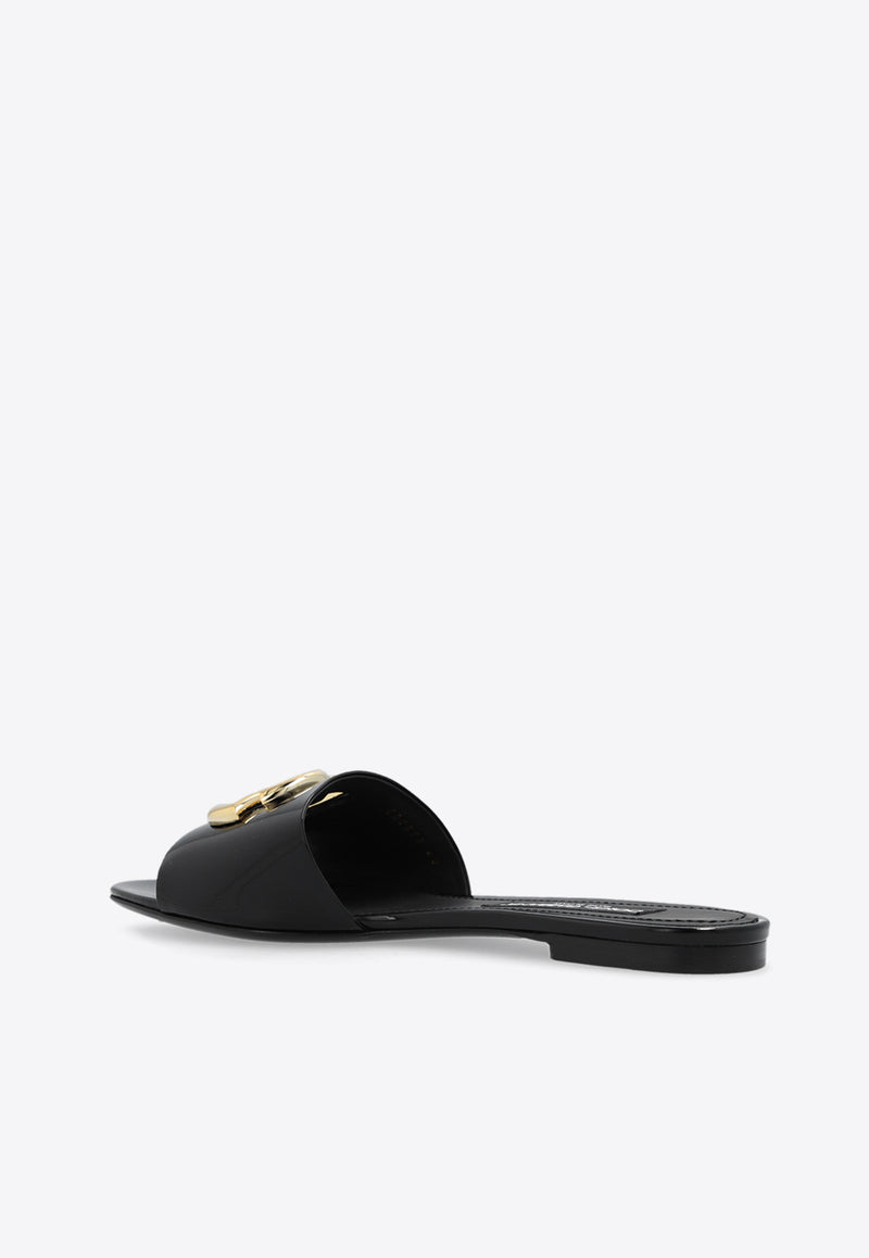 Dolce 
Gabbana Bianca DG Logo Flat Sandals in Polished Leather Black CQ0592 A1037-80999