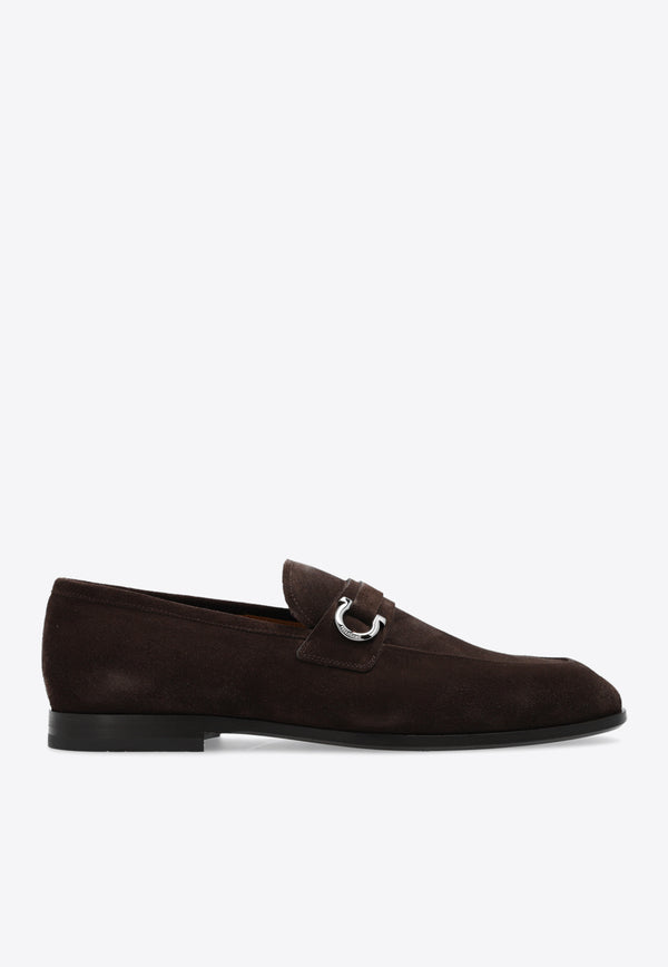 Salvatore Ferragamo Florio Gancini Suede Loafers Brown 021688 FLORIO 768817-T MORO