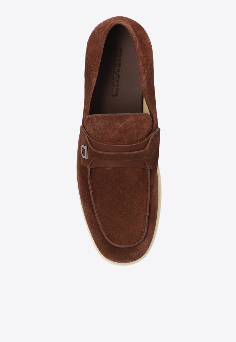 Salvatore Ferragamo Drame Gancini Suede Loafers Brown 021599 DRAME 771968-COCOA BROWN