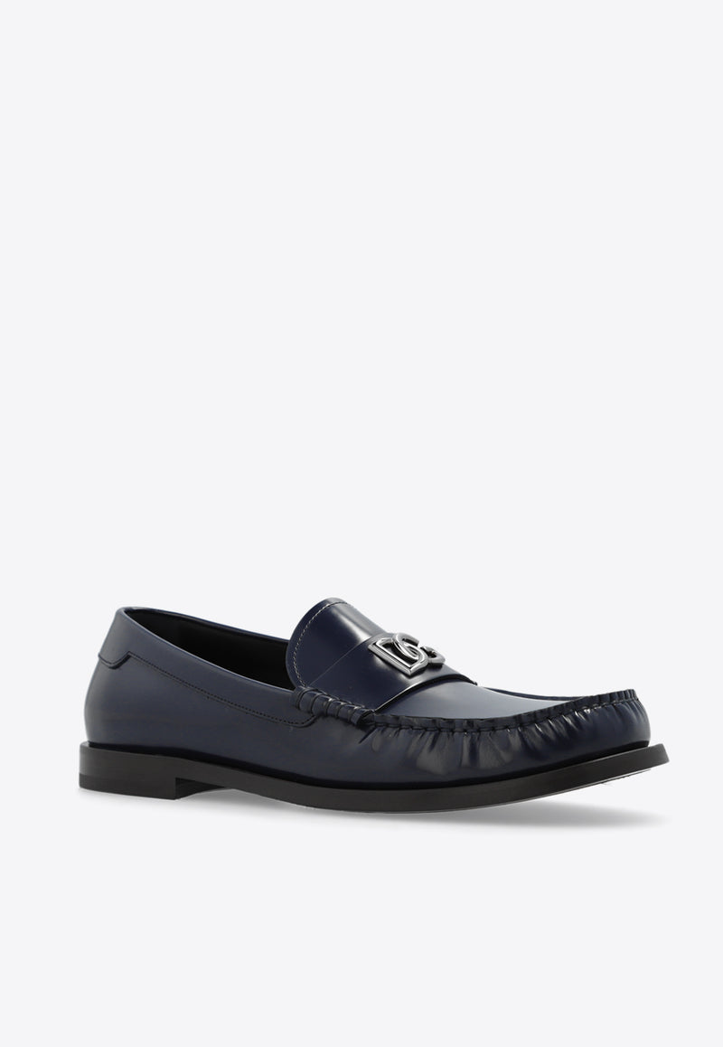 Dolce 
Gabbana DG Logo Brushed Leather Loafers Navy A30248 AQ237-80679