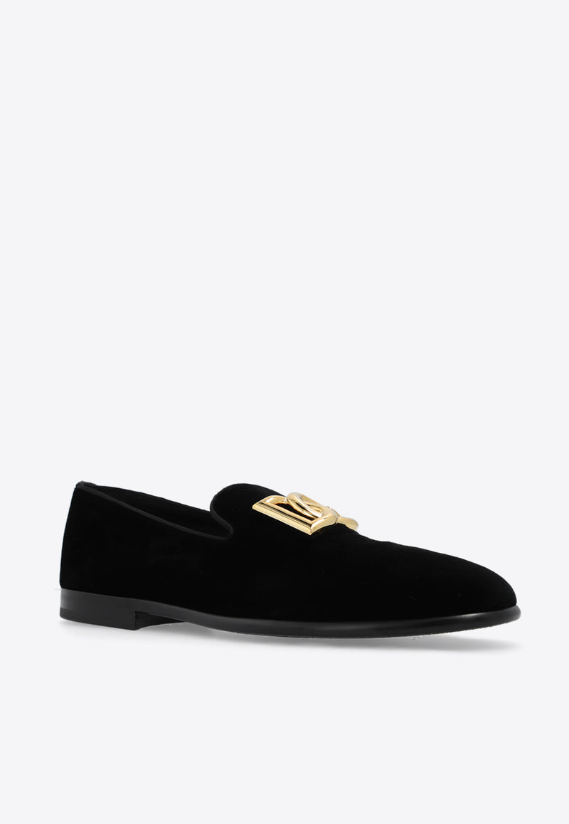 Dolce 
Gabbana Leonardo DG Logo Velvet Loafers Black A50605 A6808-80999