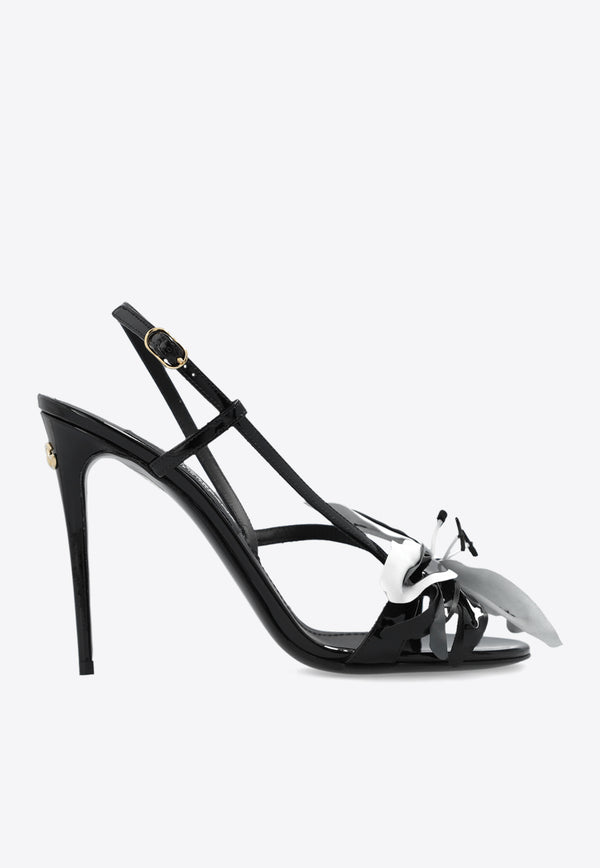 Dolce 
Gabbana Keira 105 Floral Applique Sandals in Patent Leather Black CR1654 AR253-8S597