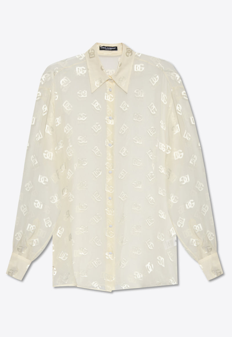 Dolce 
Gabbana DG Logo Jacquard Silk Satin Sheer Shirt White F5O54T FJTBR-W3789