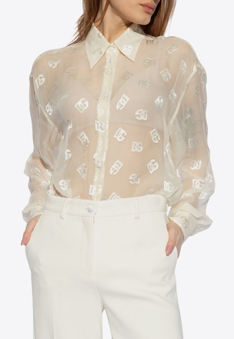 Dolce 
Gabbana DG Logo Jacquard Silk Satin Sheer Shirt White F5O54T FJTBR-W3789