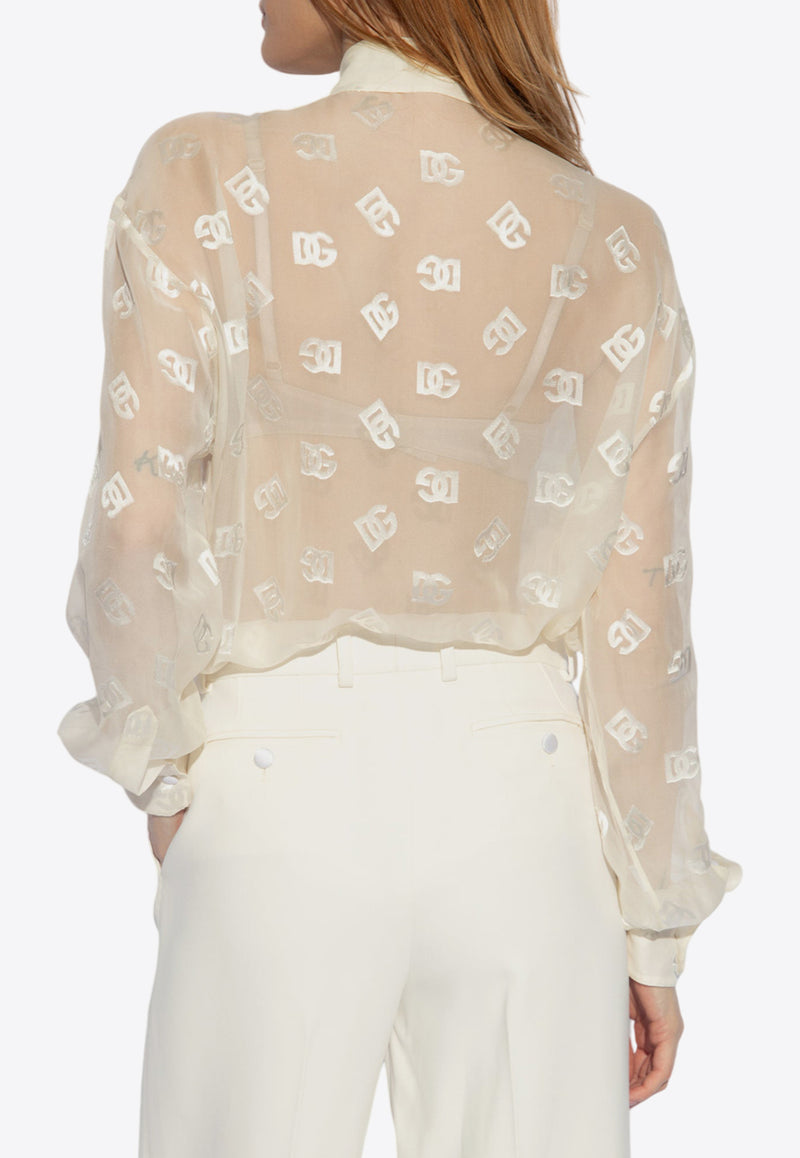 Dolce 
Gabbana DG Logo Jacquard Silk Satin Sheer Shirt White F5O54T FJTBR-W3789