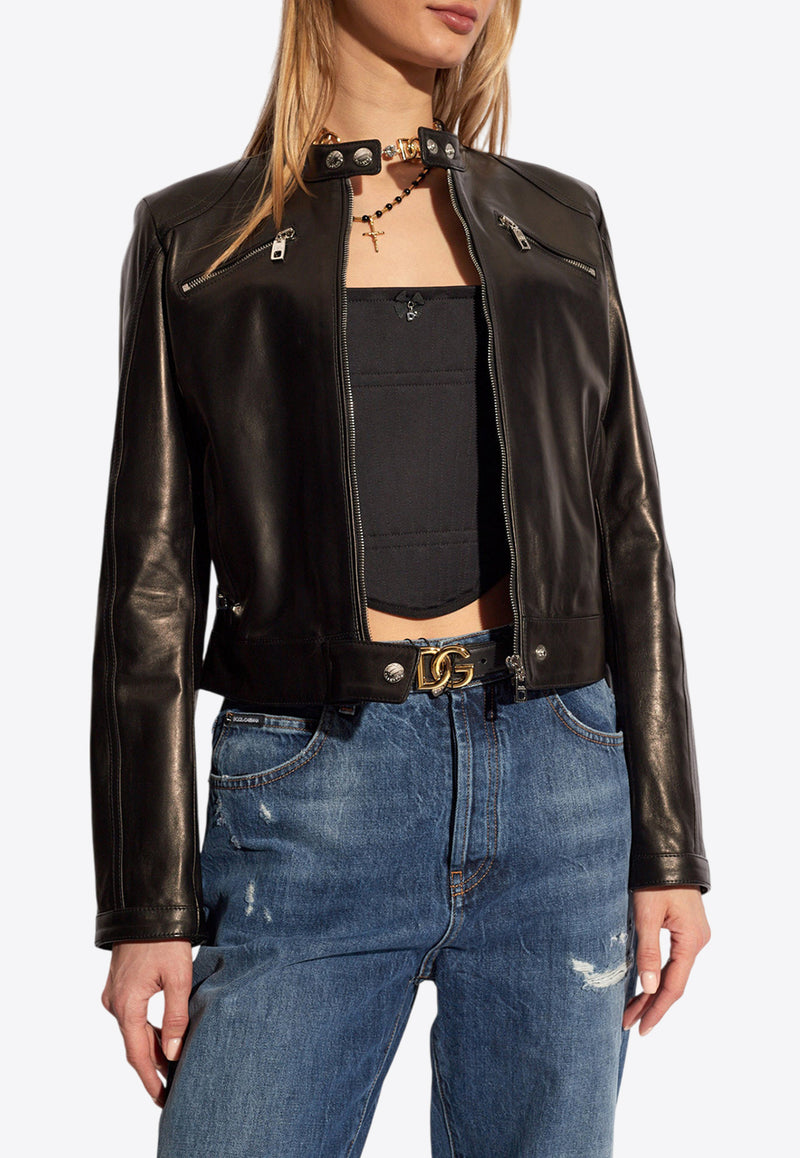 Dolce 
Gabbana Cropped Leather Jacket Black F9R68L HULUV-N0000