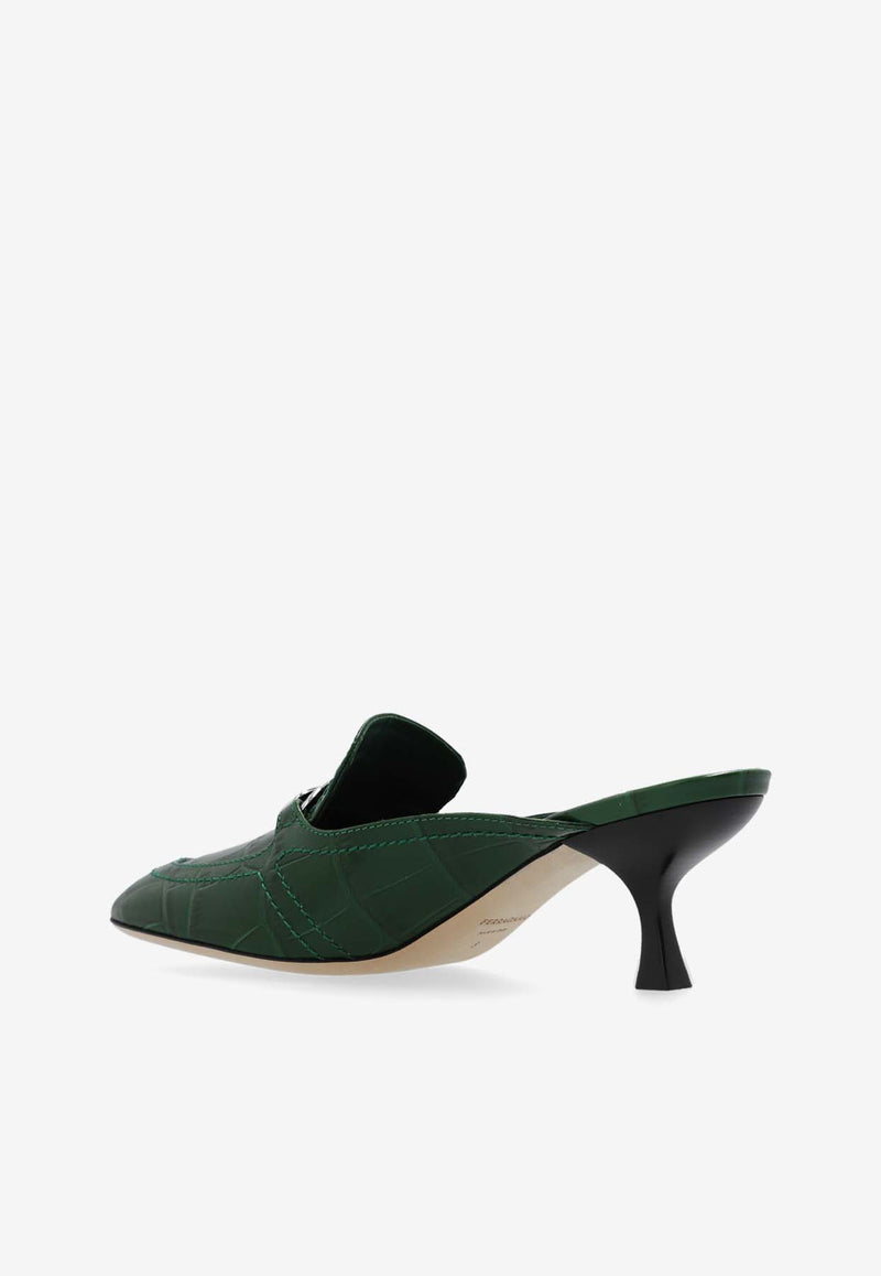 Salvatore Ferragamo Eloyde 55 Croc-Embossed Leather Mules Dark Green 01I139 ELODYE CROC 773205-FOREST GREEN