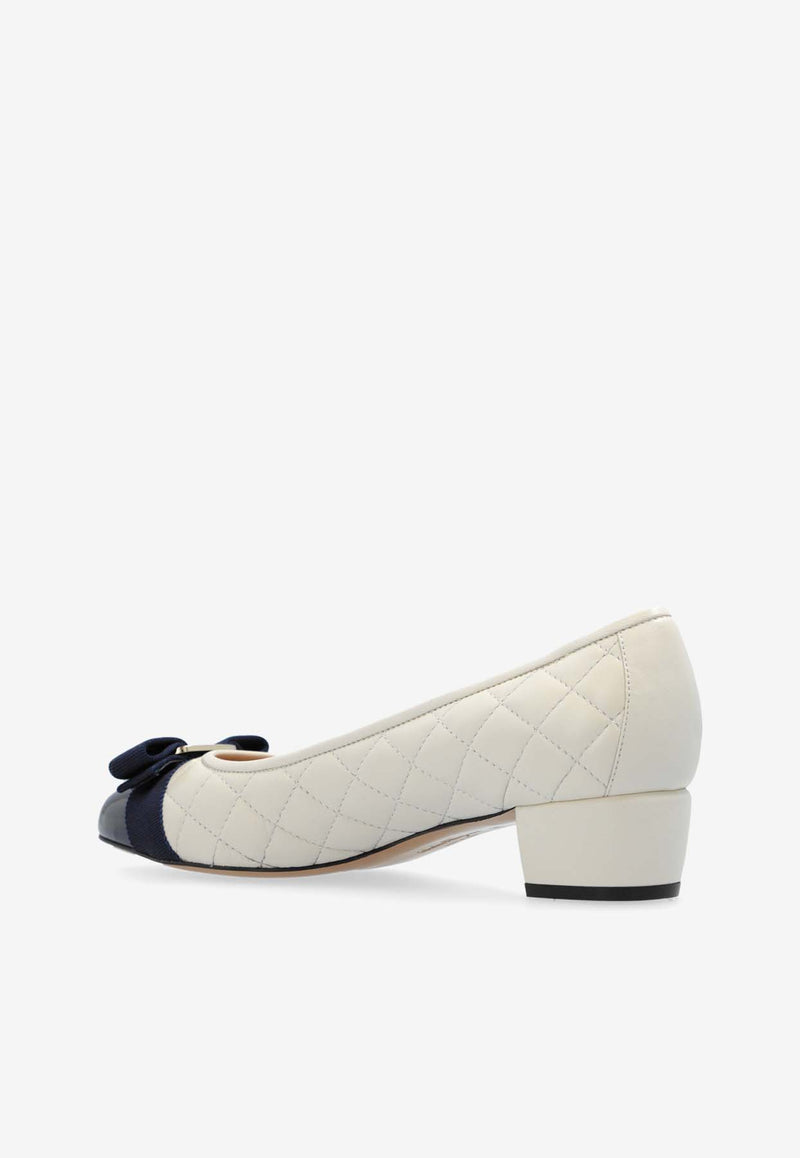 Salvatore Ferragamo Vara Bow 30 Quilted Leather Pumps White 01M832 VARA Q 774951-MIDNIGHT