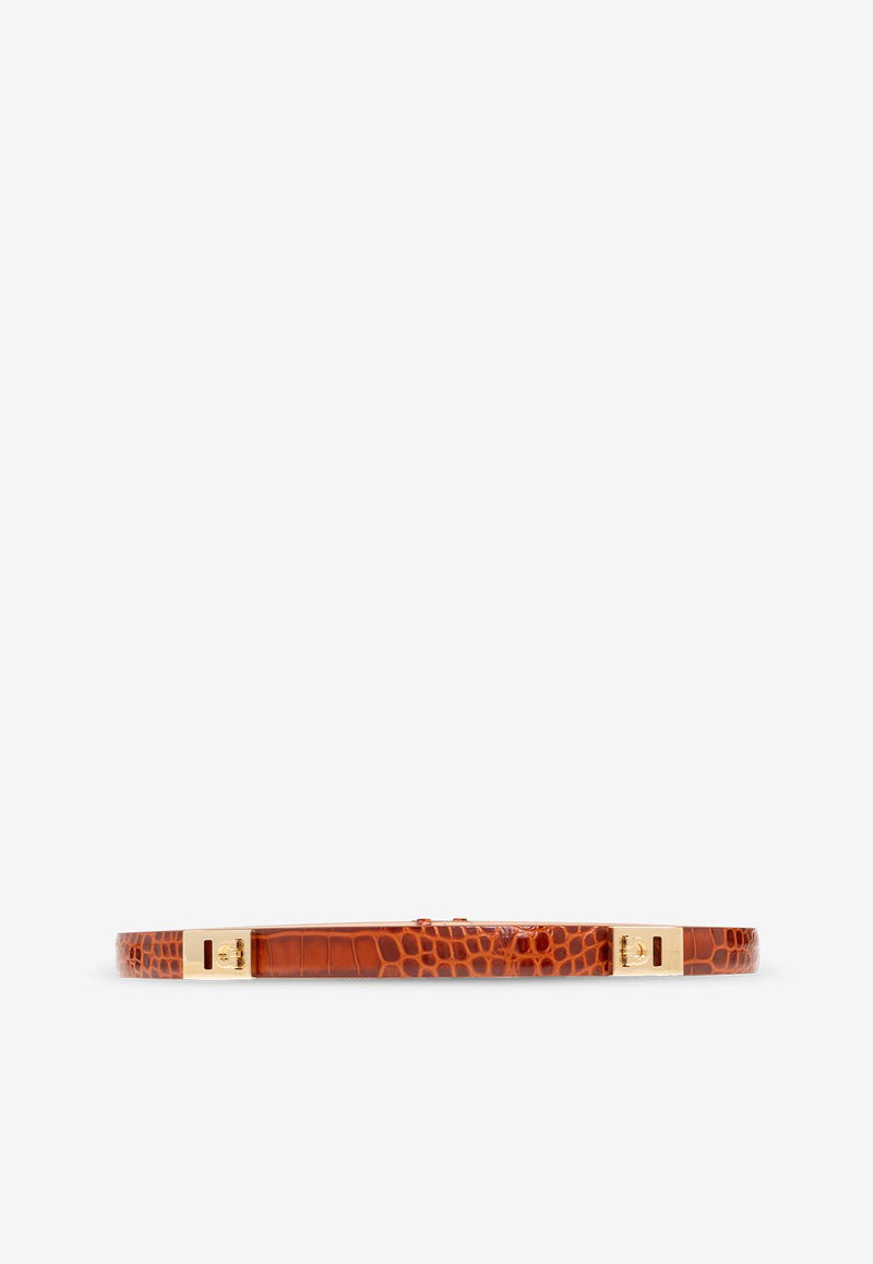 Salvatore Ferragamo Extendable Hug Belt in Croc-Embossed Leather Brown 230318 DONNA H25 773336-COGNAC