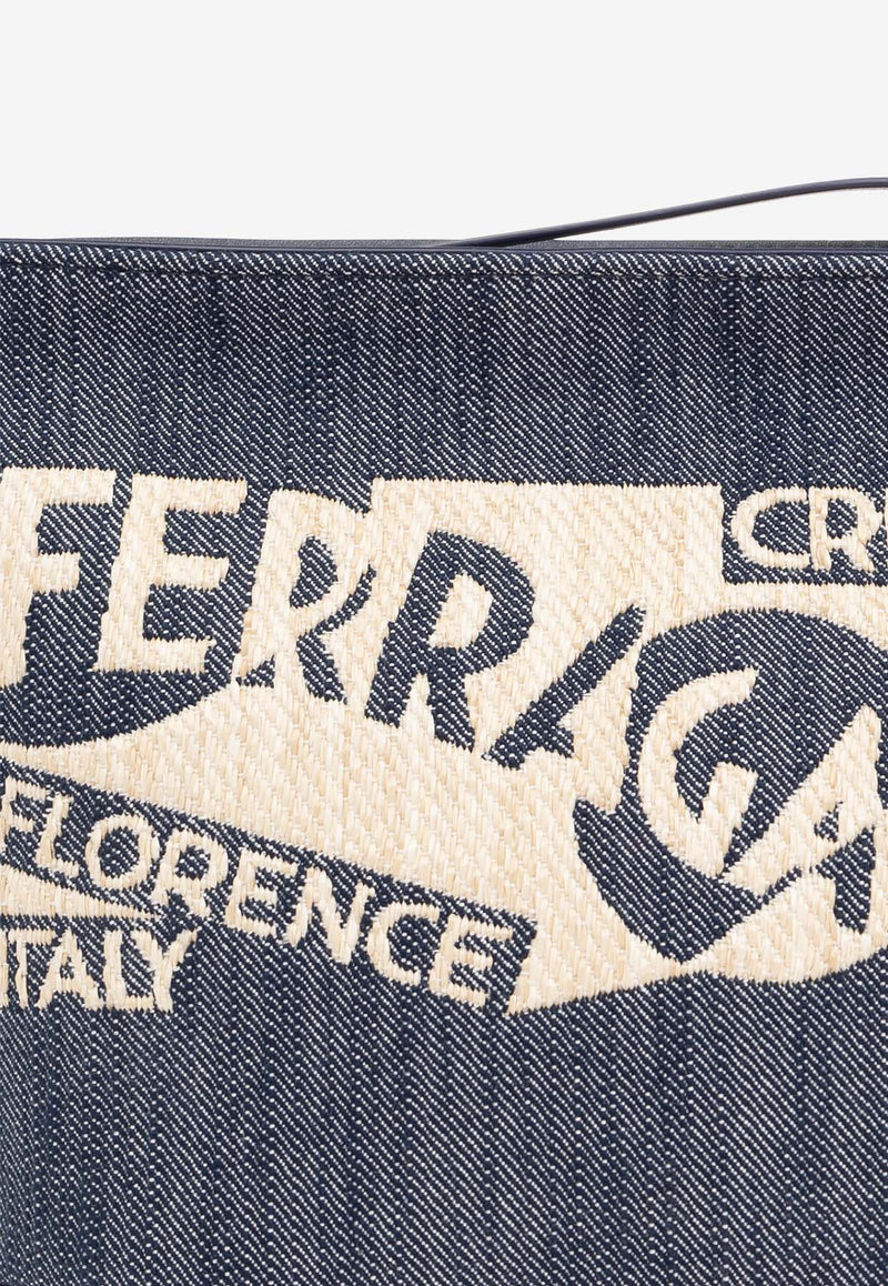 Salvatore Ferragamo Logo Embroidered Denim Pouch Bag Blue 220688 POUCH 773824-DENIM NATURALE