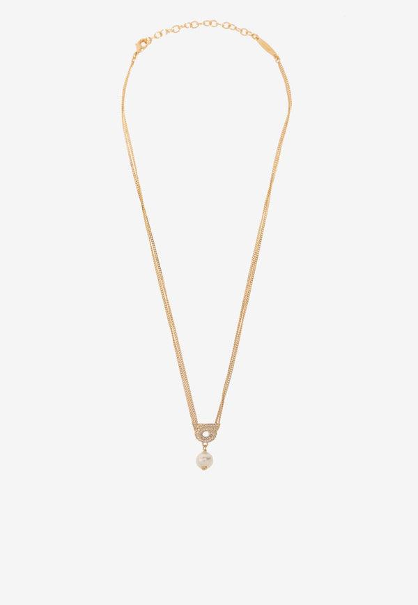 Salvatore Ferragamo Crystal Embellished Gancini Chain Necklace Gold 760783 NKL GSTR P 776608-ORO PERLA