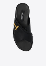 Tom Ford Preston Logo-Plaque Leather Slides Black J1489 LGO033X-1N001