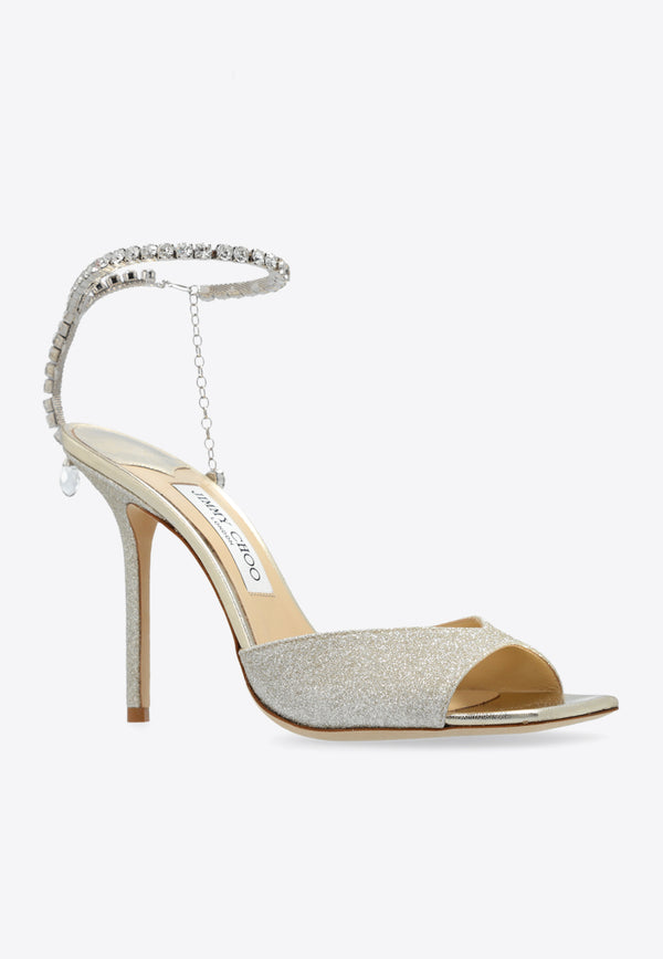 Jimmy Choo Saeda 100 Glittered Sandals SAEDA SANDAL 100 GJV-PLATINUM ICE CRYSTAL Silver