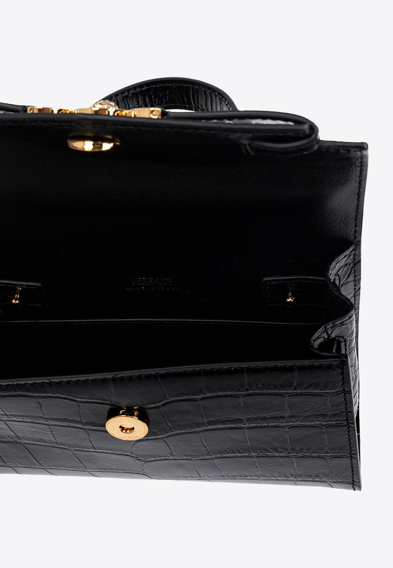 Versace Small Medusa 95 Top Handle Bag in Croc-Embossed Leather Black 1013824 1A08724-1B00V