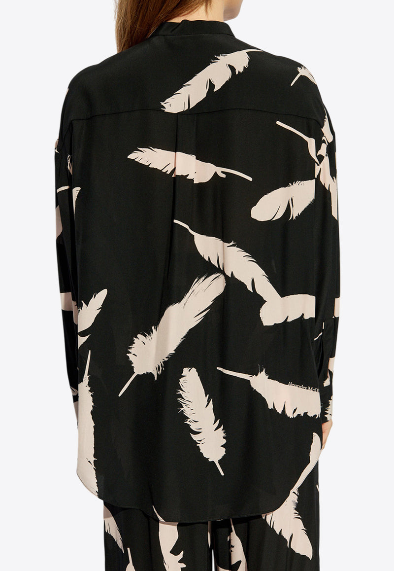 Alexander McQueen Feather Cocoon-Print Long-Sleeved Silk Shirt Black 757355 QCALD-1293