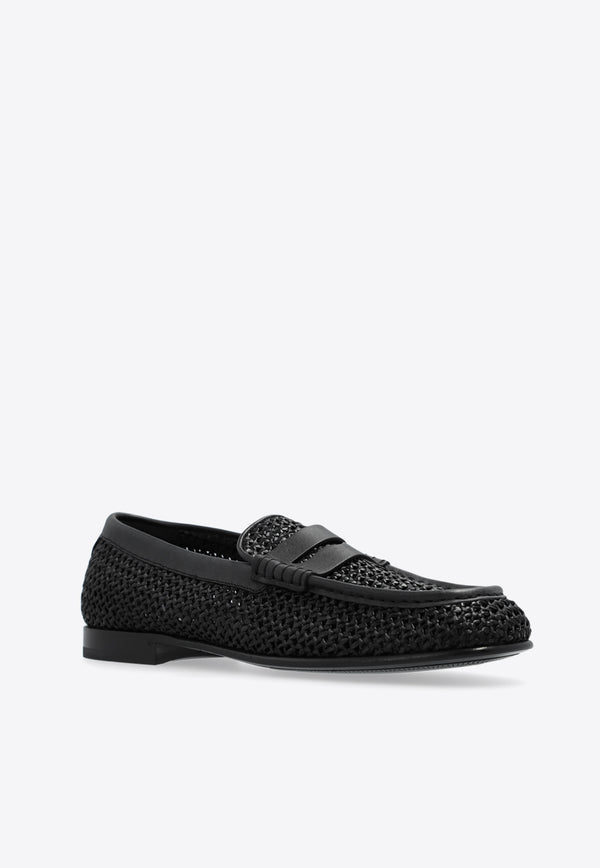 Dolce 
Gabbana Woven-Raffia Penny Loafers Black A30260 AV842-8B956