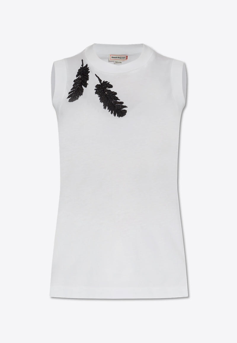 Alexander McQueen Feather-Embroidery Sleeveless T-shirt White 797769 QLACU-9000