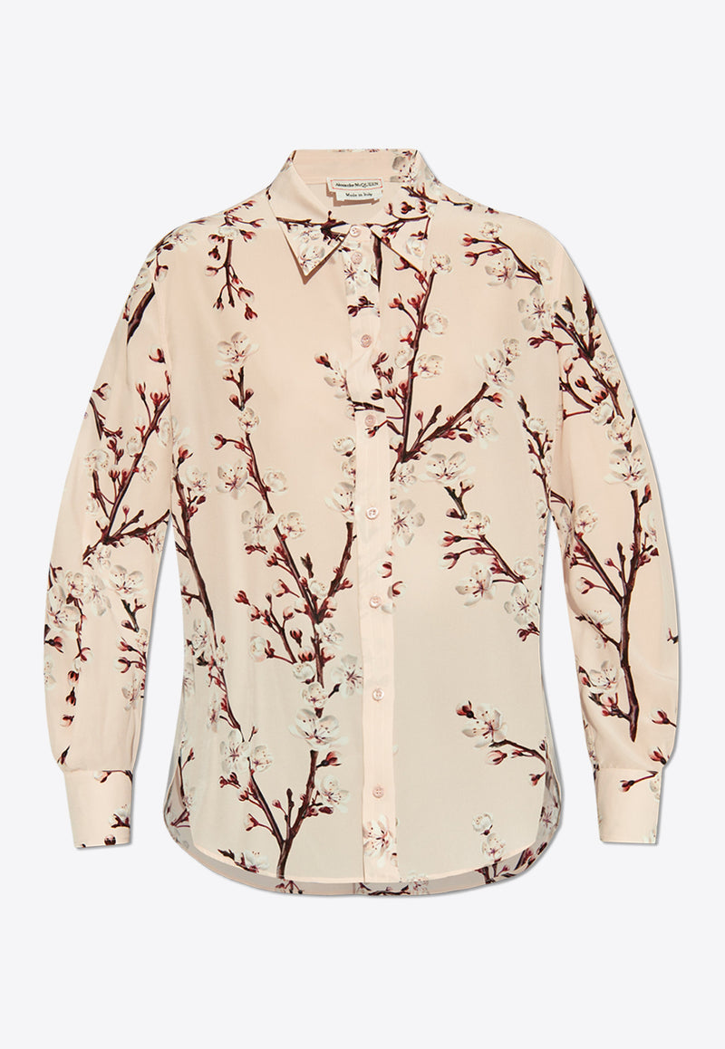 Alexander McQueen Floral-Print Long-Sleeved Silk Shirt Pink 798281 QCALA-5072