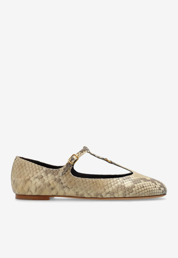 Chloé Marcie Mary-Jane Python Print Leather Ballet Flats Beige CHC24A02N NN-292