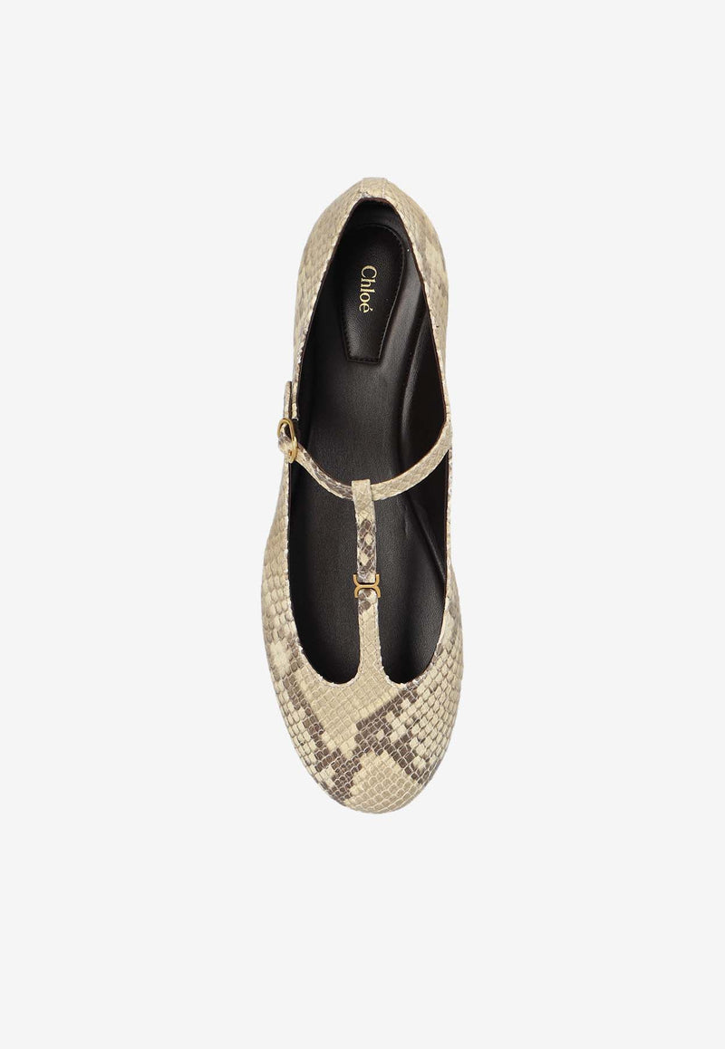 Chloé Marcie Mary-Jane Python Print Leather Ballet Flats Beige CHC24A02N NN-292