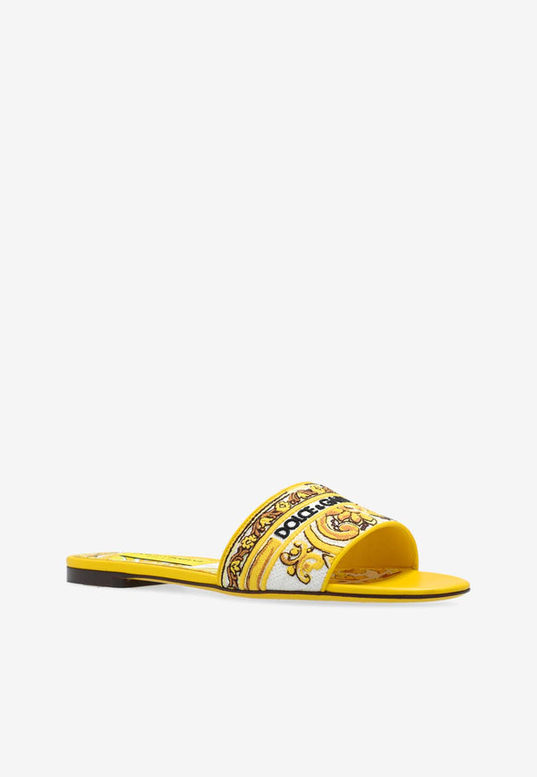 Dolce 
Gabbana Bianca Majolica Embroidered Flat Sandals Yellow CQ0571 AV804-8Q728