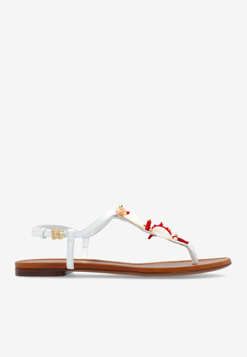 Dolce 
Gabbana Coral Embellished Leather Thong Sandals White CQ0604 AW116-8V135