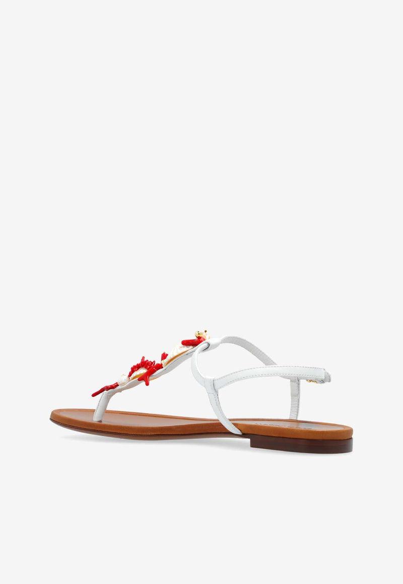 Dolce 
Gabbana Coral Embellished Leather Thong Sandals White CQ0604 AW116-8V135