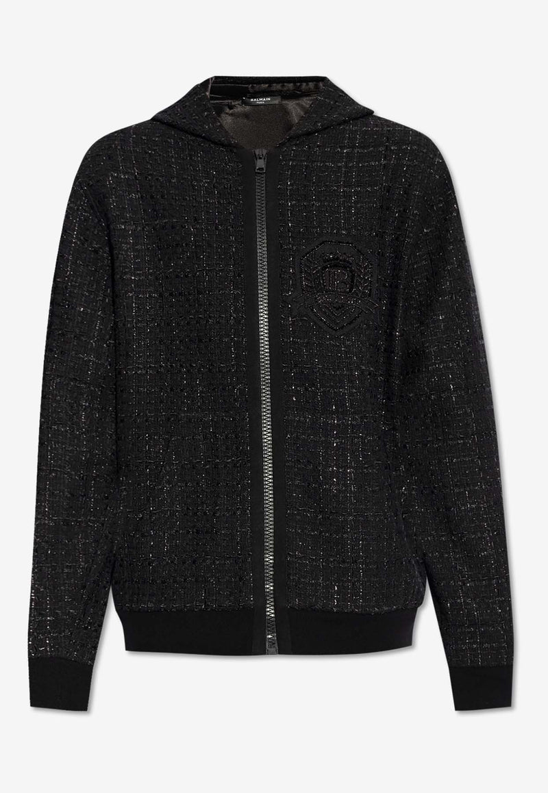 Balmain Logo Badge Tweed Hooded Sweatshirt Black DH1JT225 37CF-0PA