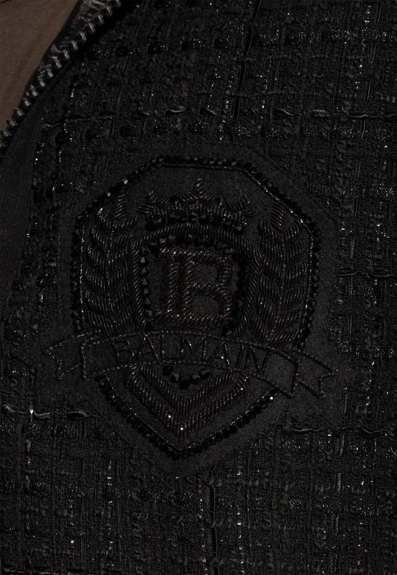 Balmain Logo Badge Tweed Hooded Sweatshirt Black DH1JT225 37CF-0PA